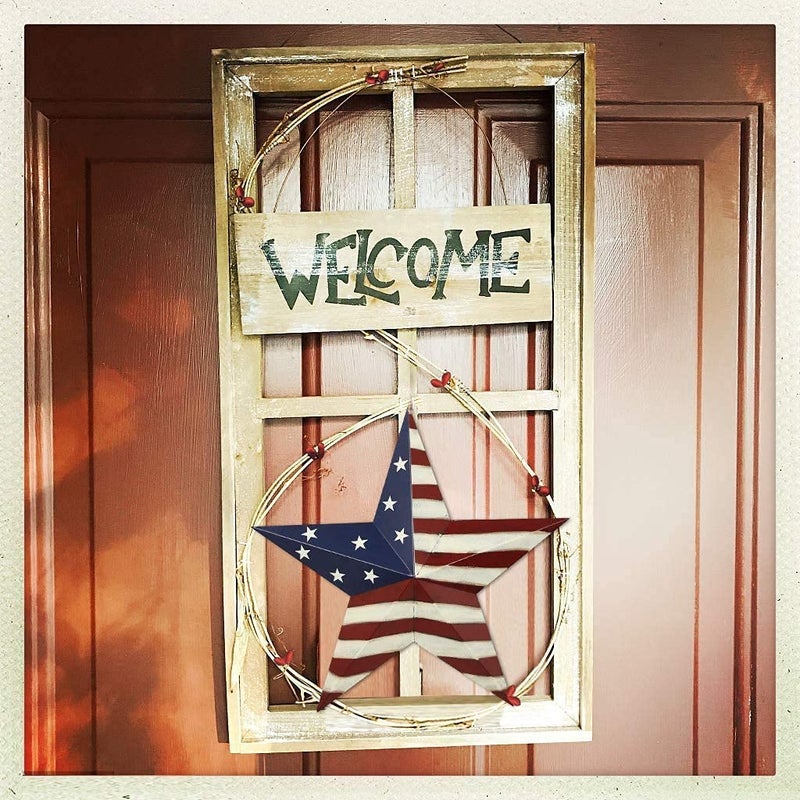 Why Decor Metal Barn Star, Patriotic American Flag Wall Decoration Outdoor Indoor Hanging Wall Art 4th of July Memorial Day Veterans Day Gift for Man Star Ornament Home Decor 22 Inch(D) - Image 4